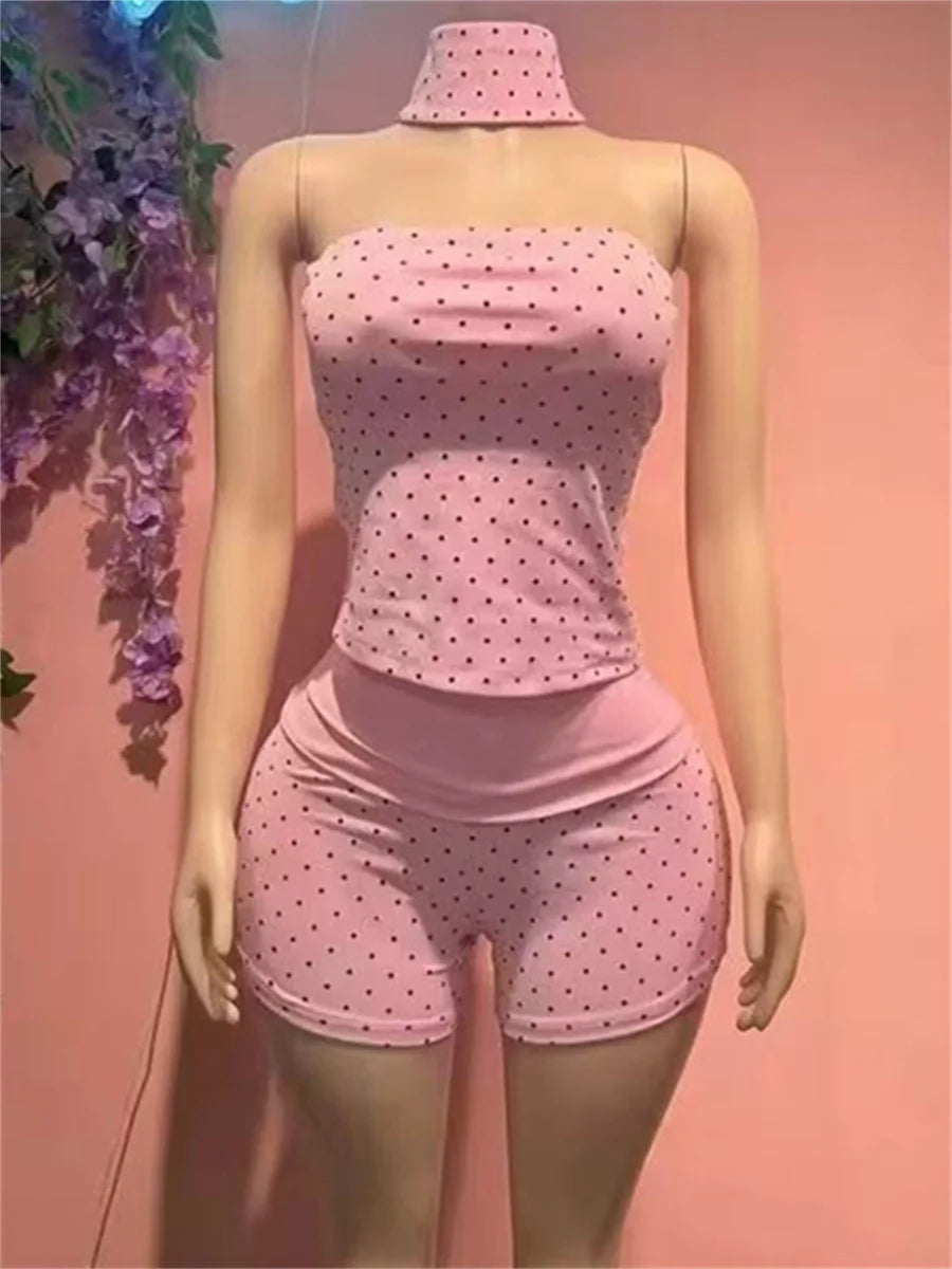 Chic Polka Dot Print 2 Piece Set Women Fashion Halter Tank Top+Patchwork Bike Short Sexy Trend Party Club Streetwear