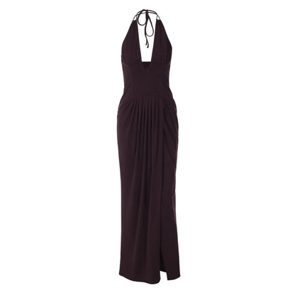 Deep V Neck Backless Slit Maxi Dress Brown 2026 Summer Classic Party Dresses for Woman Elegant