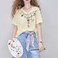 Cute Cartoon Doodle Print Striped T-Shirt, Crew Neck Oversized Casual Tee, Sweet Loose Top for Women
