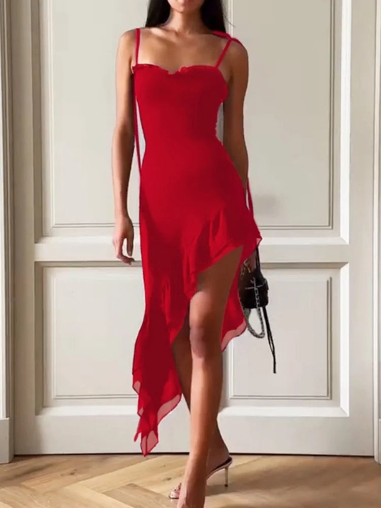 Asymmetrical Ruffled Dress Red Black Sleeveless Backless Long Dresses Sexy Outfits Woman Clothing
