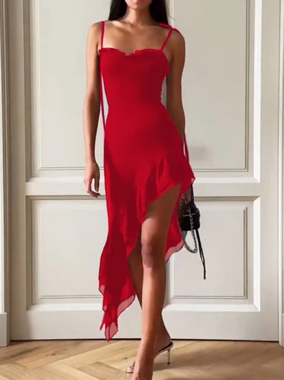 Asymmetrical Ruffled Dress Red Black Sleeveless Backless Long Dresses Sexy Outfits Woman Clothing