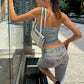 Fake Denim 2 Piece Set Woman Letter Print Wrap Chest Backless Tank Tops+Elastic Waist Crop Pants Sexy Fashion Suits