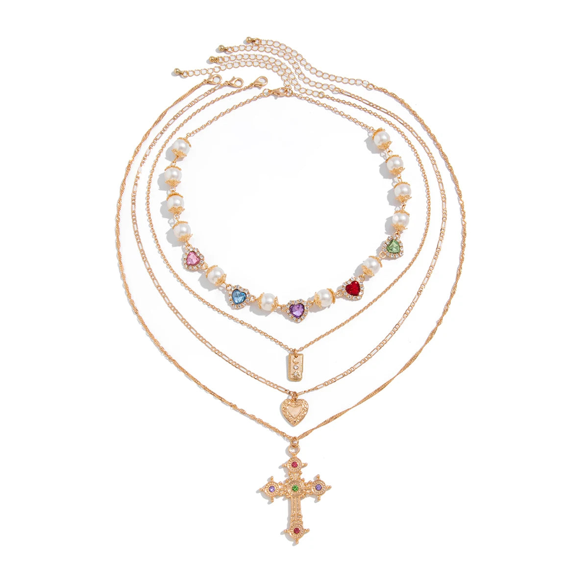 Multilayer Rhinestone Love Heart Imitation Pearl Chain Necklace Women Creative Jesus Cross Pendant Choker Y2K Jewelry