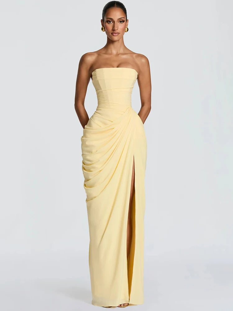 Chiffon Off-shoulder Strapless Sexy Maxi Dress Women Elegant Sleeveless Backless High Split Ruched Club Party Dress