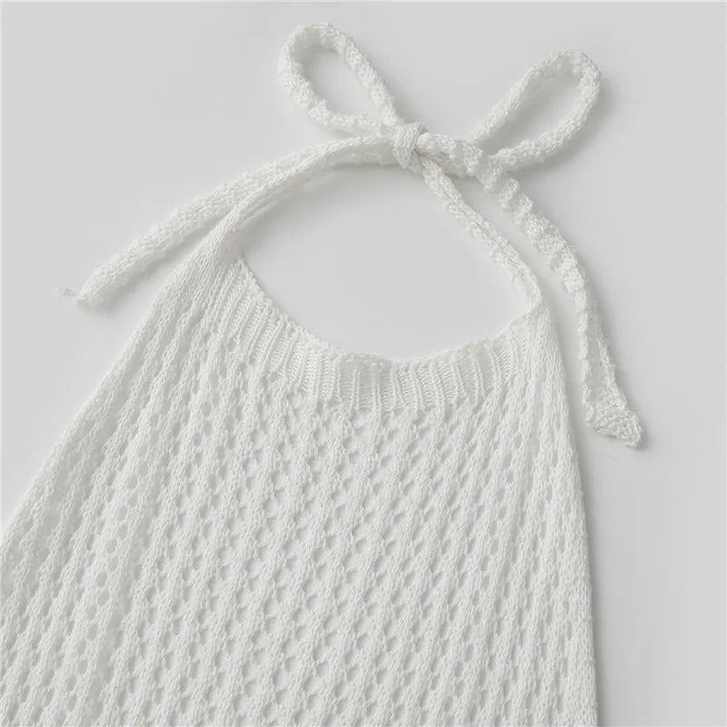 Women's Knit Skirt Set for Summer Stylish Solid Hollow Out Tie Back Backless Halter Tops with Mini Skirt 2 Pcs Set