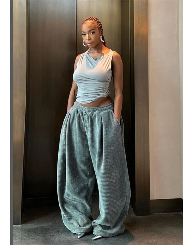 Corduroy Street Wear Pants Elastic High Waisted Wide Leg Trousers Womens Clothing Baggy Winter Sweatpants