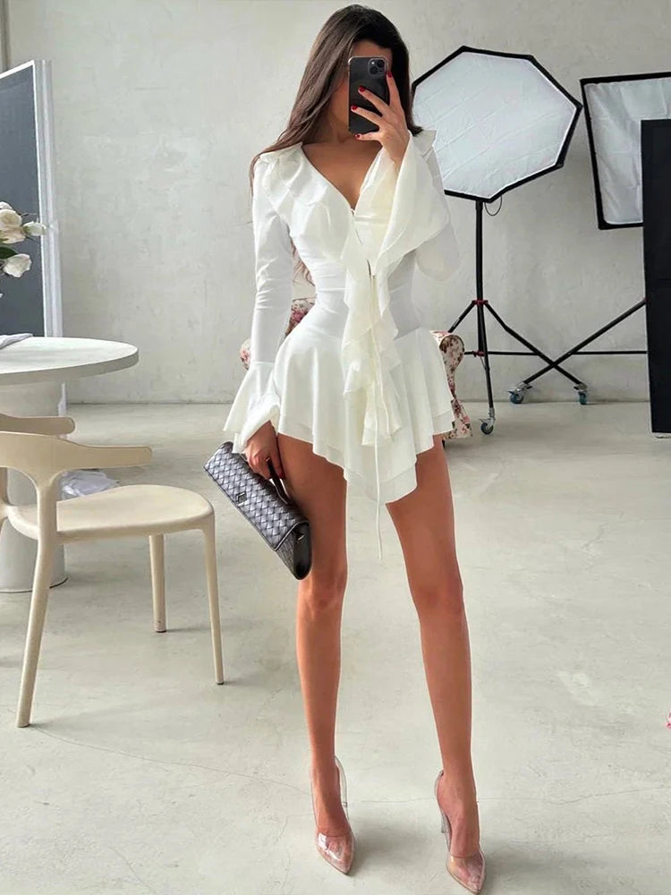 Tierred Irregular Hem Dress Women Y2K Flare Sleeve V-Neck Bandage Stretch Elegant Birthday Party Chic Hipster Bodycon