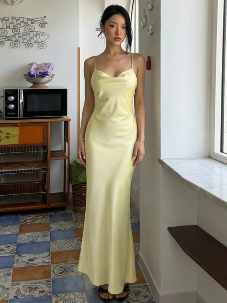 Women Satin Spaghetti Strap Sexy Maxi Dress Cowl Neck Slim Bodycon Long Dress Elegant Wedding Guest Evening Party Dress