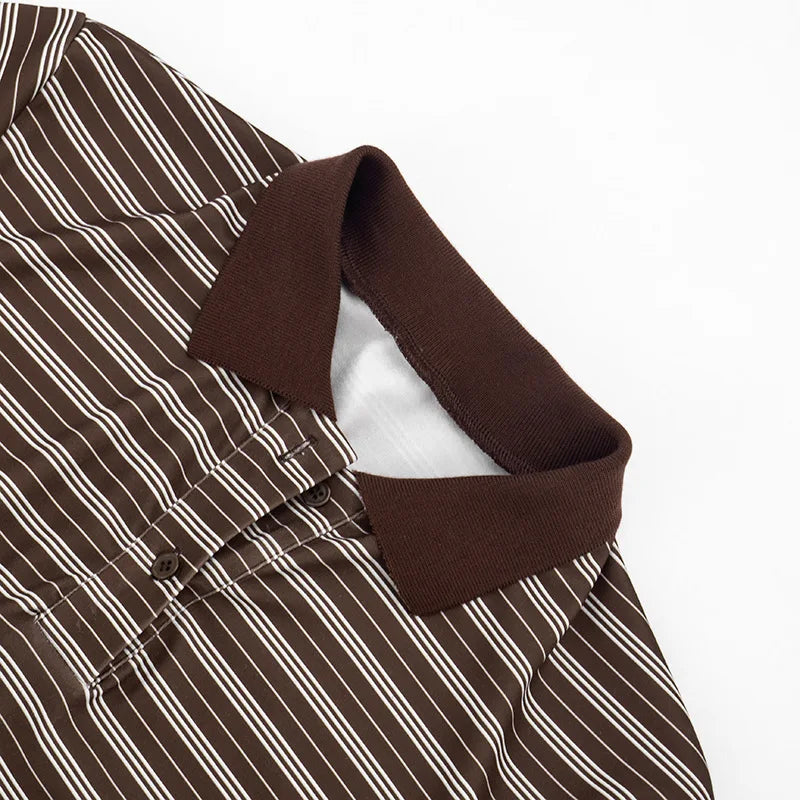 Casual Brown Striped Tops Short Sleeve V Neck T Shirt 2026 Summer Women Vintage Style Clothing