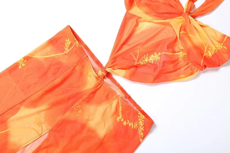Orange Printed Mesh Split Dress Asymmetrical Halter Backless Maxi Dresses Summer Vacation Beach Outfits Women