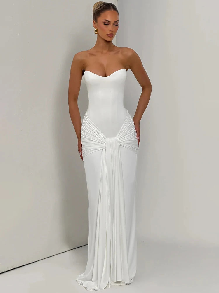 Women Halter Backless Sexy Maxi Dress Elegant Sleeveless Ruched Waist Draped Bodycon Club Party Evening Cocktail Dress