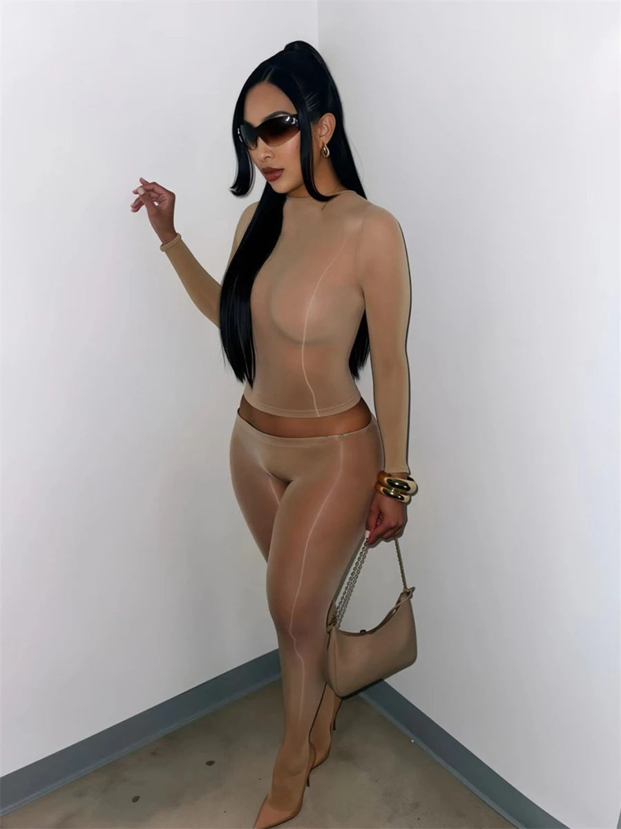 Sexy See Through 2 Piece Set Women Trend Wild O-Neck Full Sleeve Crop Top+Leggings Stretch Midnight Party Clubwear