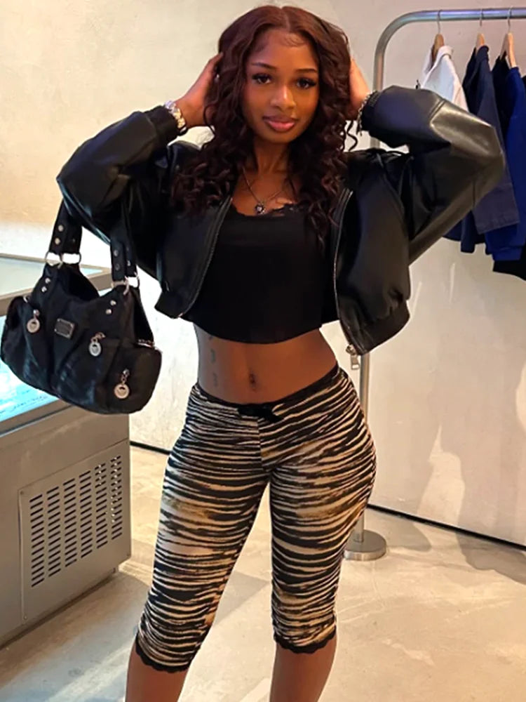 Lace Edge Patchwork Crop Pants Women Leopard Print Skinny Peach Hip Hot Girls Street Hipster Sexy Wild Trend Bottoms