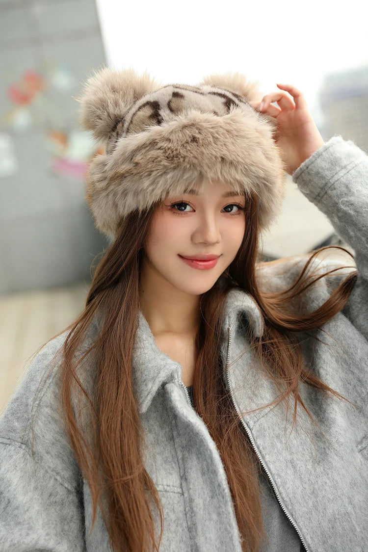 Women's Leopard Print Bear Ears Plush Hat Thick Warm Winter Cap Fashionable Earflap Bucket Hat for Ladies