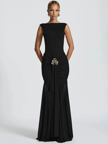 Metal Flower Backless Ruched Sexy Maxi Dress Women Gown Fashion Sleeveless Backless Bodycon Club Party Dress Elegant