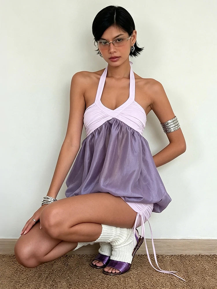 Low-Neck Mesh Patchwork Mini Dress Woman Lace-Up Halter Backless Shirring Skinny Wrap Hip Street Elegant Style Bodycon