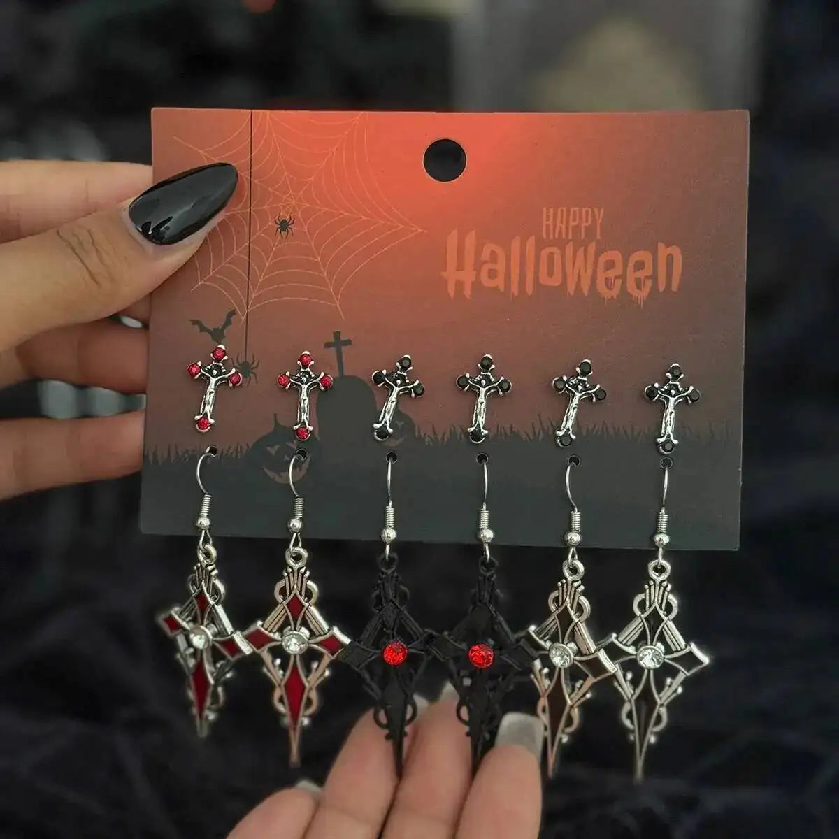 6Pairs/Set Women's Vintage Gothic Oil Dripping Cross Drop Earrings Punk 2025 Style Halloween Party Jewelry Accessories