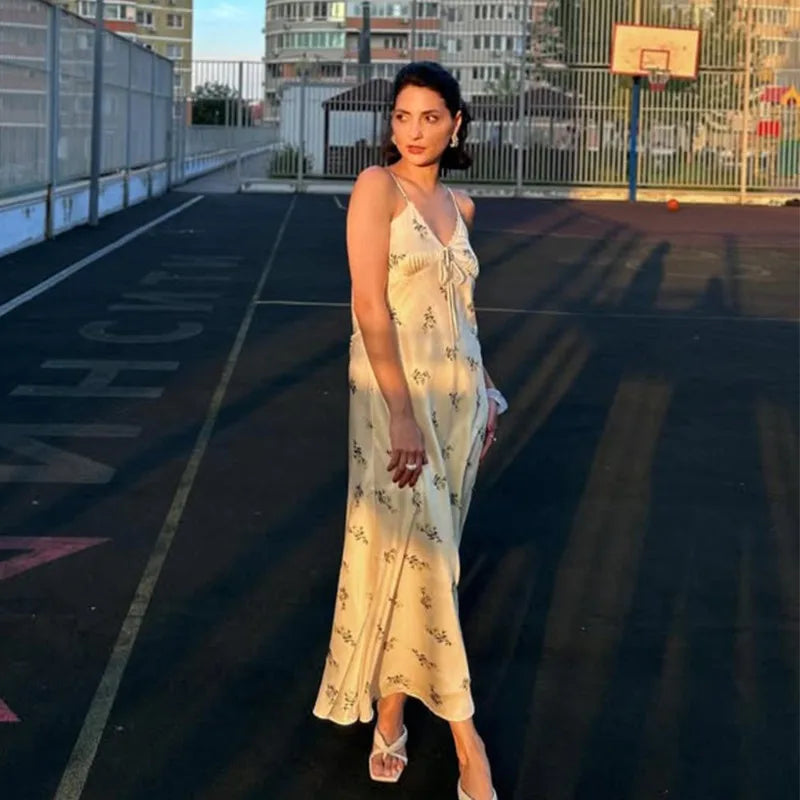 Elegant Satin Floral Dress French Style Spaghetti Strap V Neck Backless Long Dresses for Woman Clothing