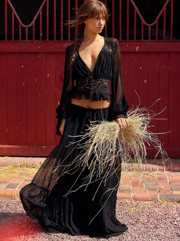 2 Piece Set Lace Chiffon Cardigan Top Long Skirt Spring Traveling Cruise Outfits for Woman Matching Sets
