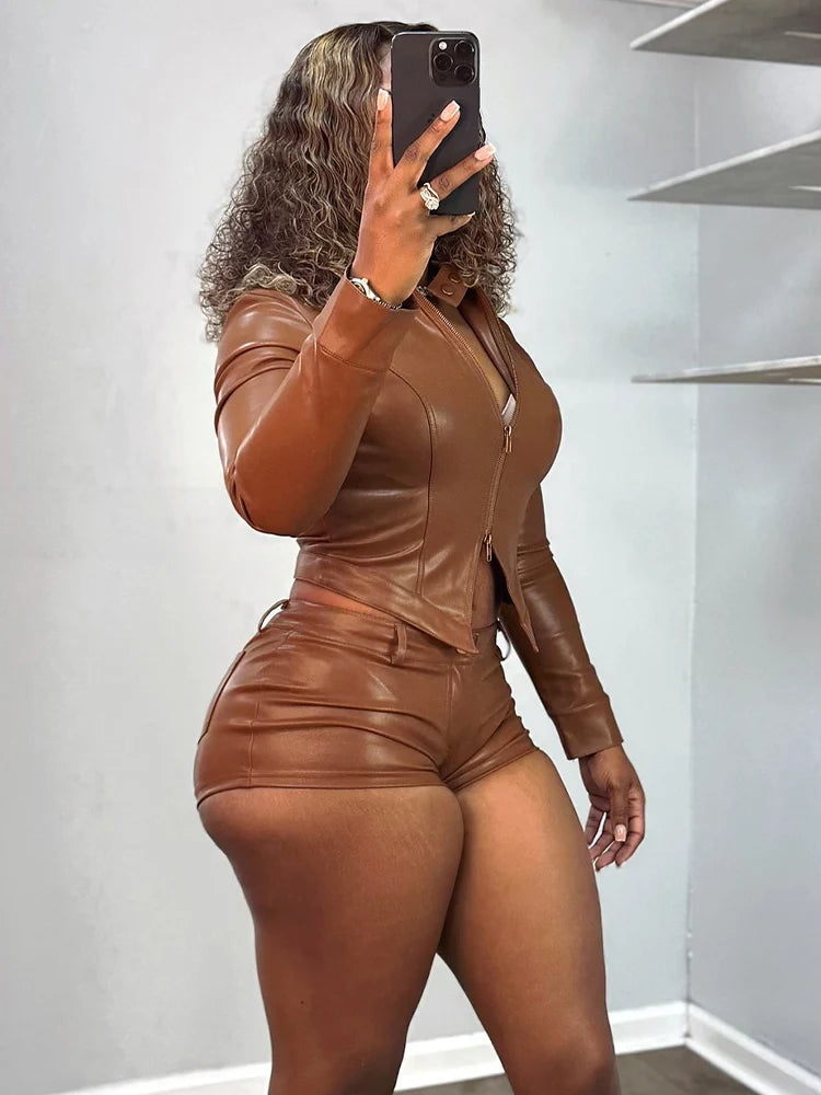 Fashion Bike PU 2-Piece Set Women Zip Stand Collar Jacket+Button Shorts Matching Gothic Punk Hottie Slim Streetwear