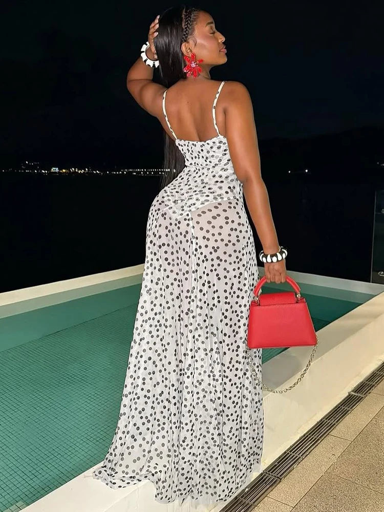 Sexy See Through Maxi Dress Women Polka Dots Print Low-Neck Sleeveless Backless Summer Holiday Ruched Elegant Outfits