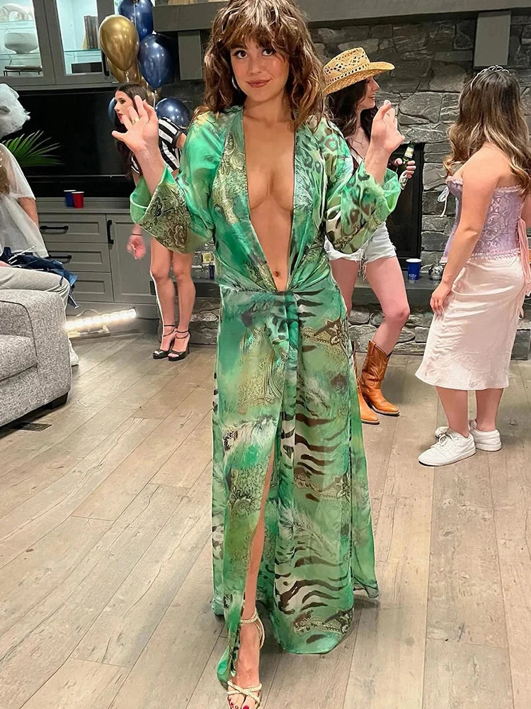 Tiger Stripe Print Long Dress Woman Autumn Trend Deep V-Neck Backless Lantern Sleeve Beach Party Elegant Vestidos