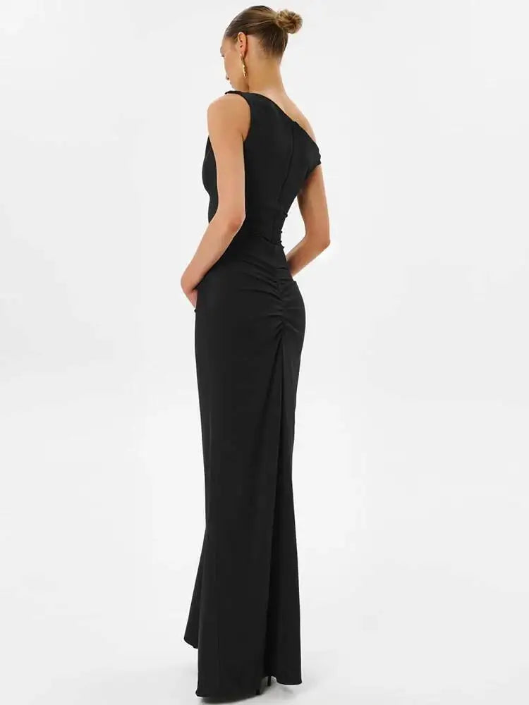 One Shoulder High Split Sexy Maxi Dress Women Elegant Sleeveless Backless Ruched Bodycon Club Party Long Dresses