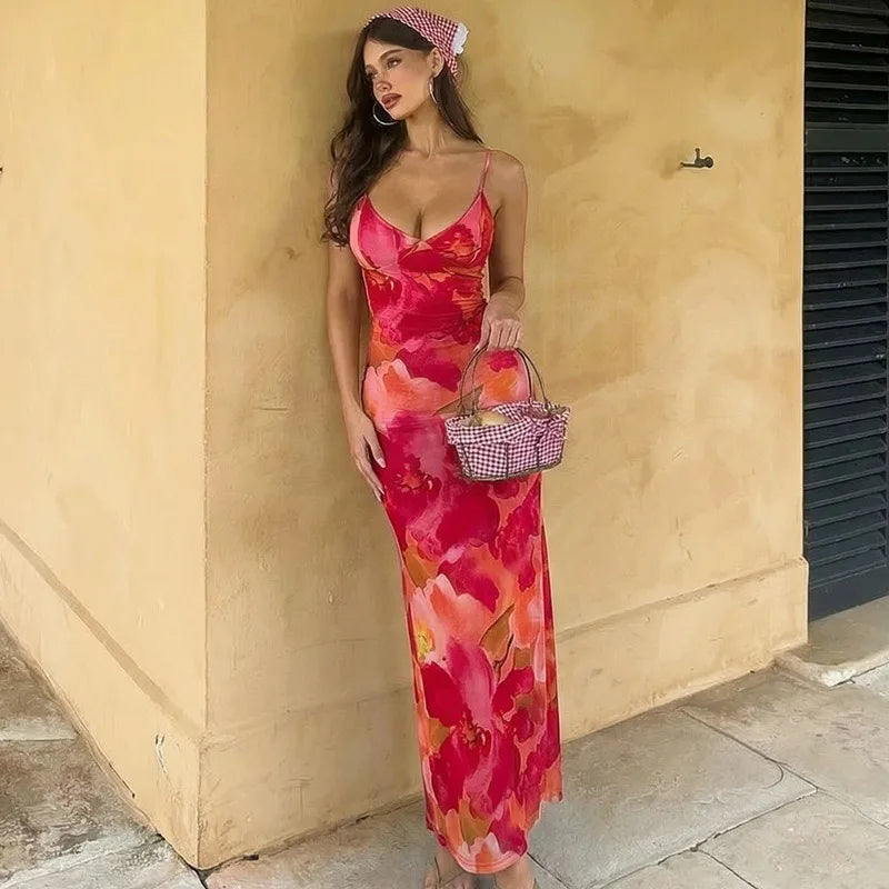 Floral Print Deep V Neck Sleeveless Maxi Dress Summer 2026 Elegant Evening Dresses Wedding Guest