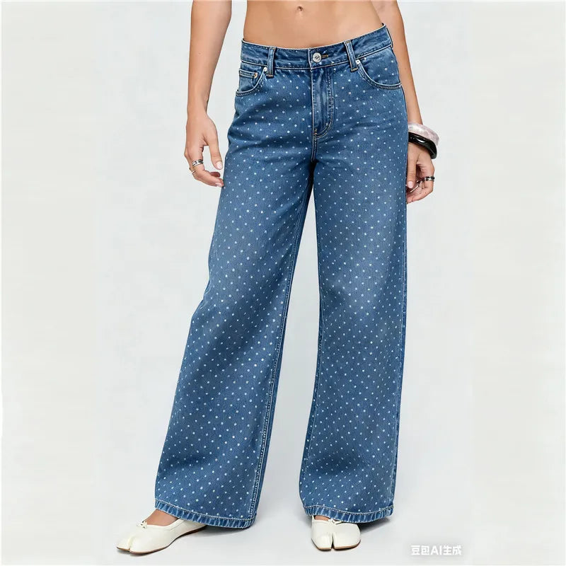 Y2K Polka Dot Jeans Women Vintage Stretch Wide Leg Denim Pants Casual Distressed Baggy Boyfriend Jeans with Pockets