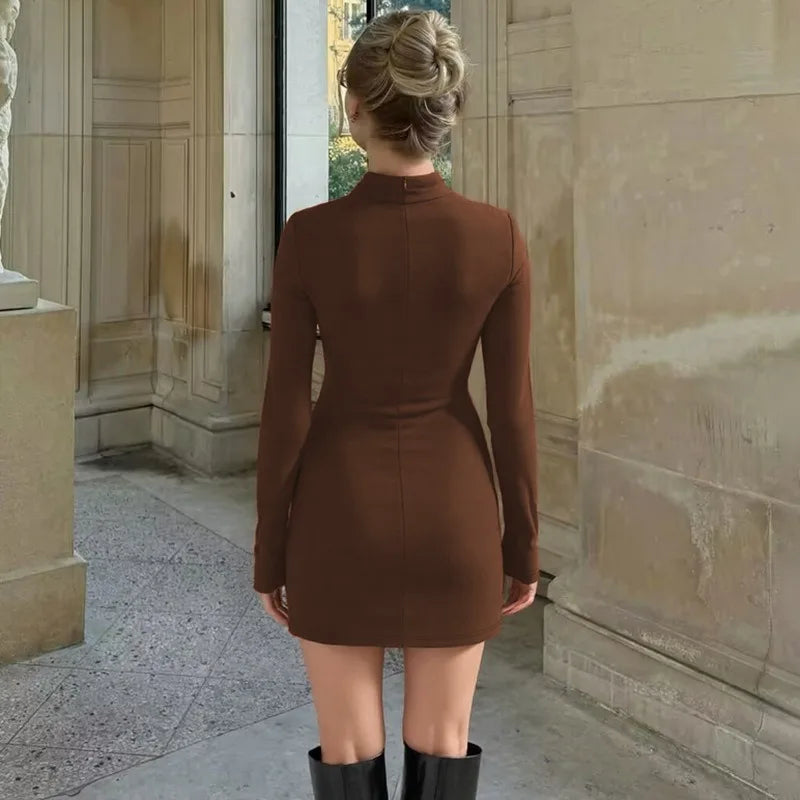 Back Zipper Turtleneck Long Sleeve Short Dresses for Woman Fall 2025 Fashion Sexy Solid Bodycon Dress