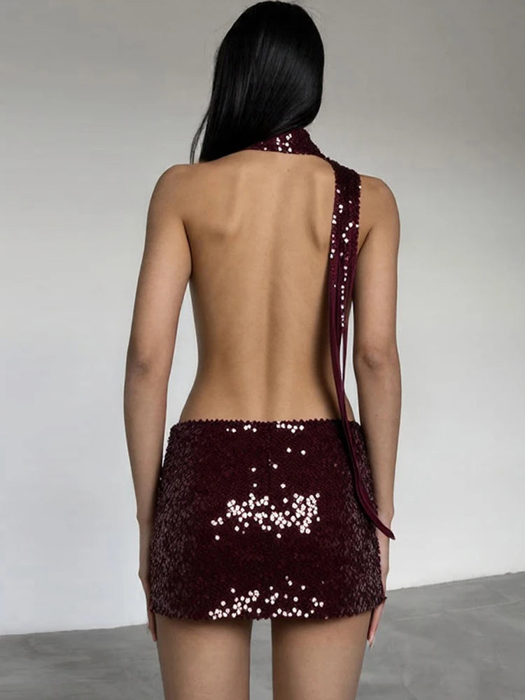 Shiny Sequins Dress Women Halter Scarf+Sexy Deep V-Neck Backless Sleeveless Ruched Ribbon Club Coquettish Outfits