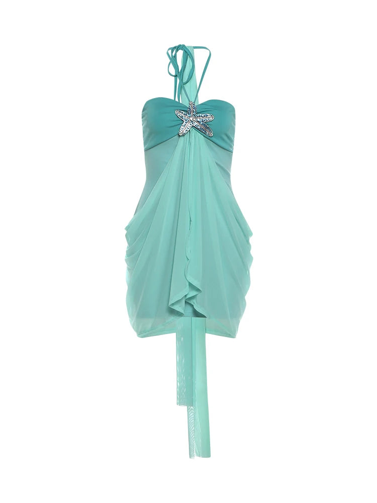 Starfish Metal Decoration Dress Women Halter Gradient Ruffles Folds Backless Sleeveless Beach Party Skinny Bodycon