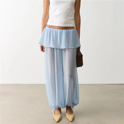 Women Y2K Layered Ruffle Skirt Waist Chiffon Pants Sheer Loose Harem Trousers Drawstring Hem Beach Cover Up Pants