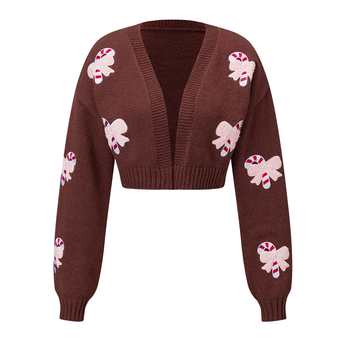 Women Christmas Candy Cane Bow Patch Cropped Knit Cardigan V Neck Long Sleeve Short Sweater Holiday Casual Outerwear