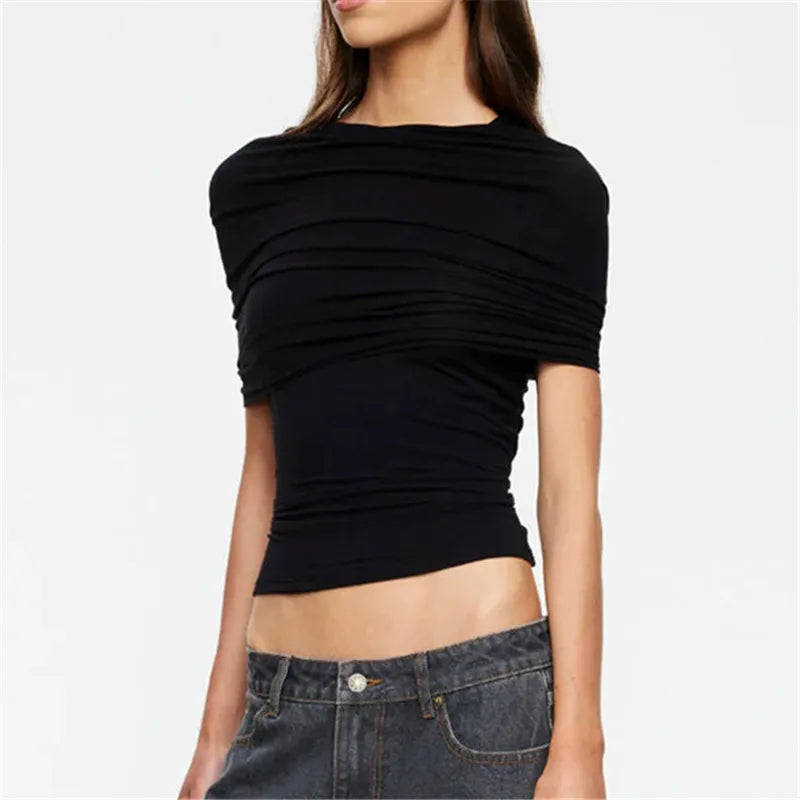 Women's Slim Fit Crop Tops Solid Color Stylish Ruched Front Overlay Ruched T-Shirt for Night Party Summer Streetwear