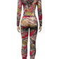 Colorful Print Women 2 Piece Set See Through Hooded Crop Jacket+Leggings Sexy Hipster Matching Midnight Clubwear Suit
