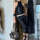 Sexy Button Faux Leather Decoration 2-Piece Set Women o-Neck Vest+Elastic Waist Classic Short Skinny Sexy Streetwear