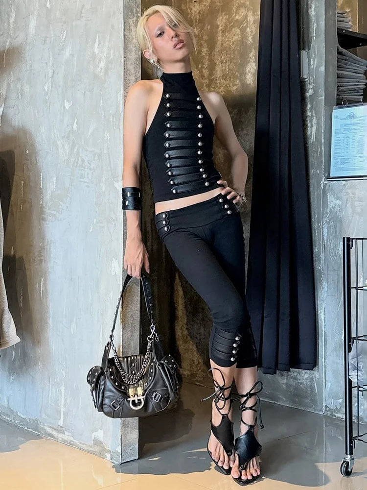 Sexy Button Faux Leather Decoration 2-Piece Set Women o-Neck Vest+Elastic Waist Classic Short Skinny Sexy Streetwear