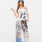 Cat Print Asymmetric T-Shirt, Letter Graphic Layered Tee, Short Sleeve Casual Top for Women