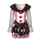 Clown Cosplay Dress Women Mesh Long Sleeve Ruffle Neck Stripe Polka Dot A Line Short Dress Party Club Costume