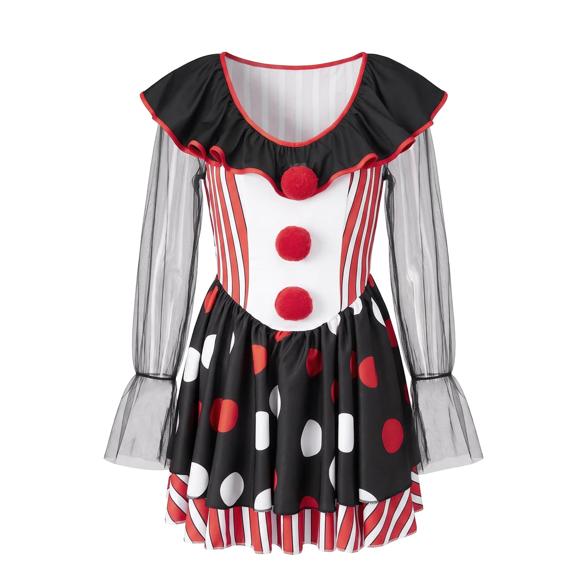 Clown Cosplay Dress Women Mesh Long Sleeve Ruffle Neck Stripe Polka Dot A Line Short Dress Party Club Costume