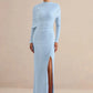 Women High Neck Long Sleeve Maxi Dress Draped Ruched Feather Cuff Formal Gown High Slit Evening Party Bodycon Dress