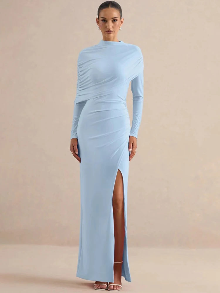 Women High Neck Long Sleeve Maxi Dress Draped Ruched Feather Cuff Formal Gown High Slit Evening Party Bodycon Dress