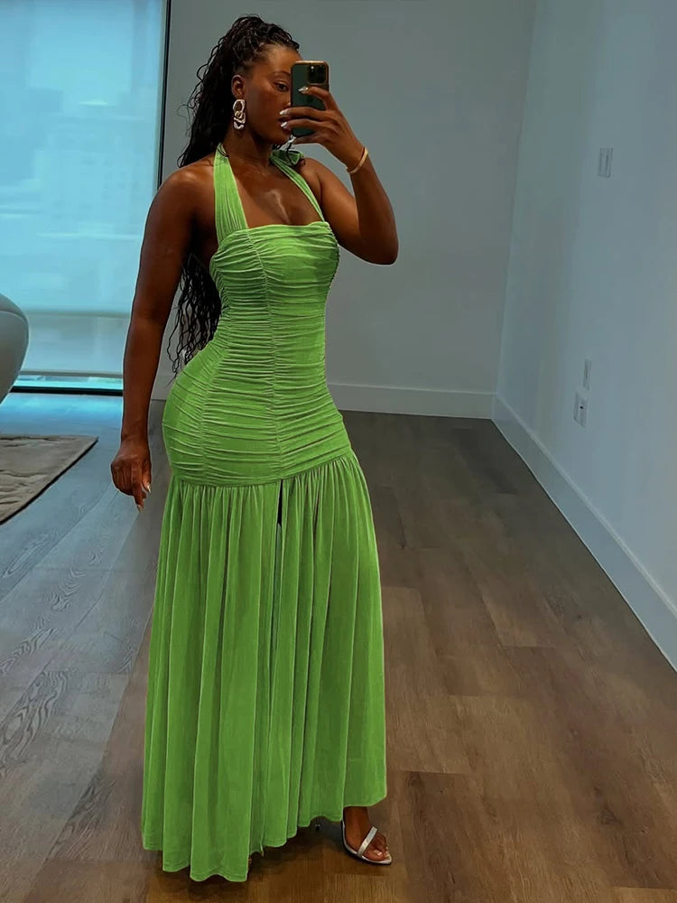 Ruched Halter Dress Women Summer Trend Sleeveless Backless Patchwork Mesh Hem Midnight Clubwear Party Maxi Bodycon