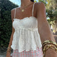 Beach Vacation White Eyelet Embroidery Cami Top Women Spaghetti Strap Ruffled Trim Peplum Flowy Casual Summer Top