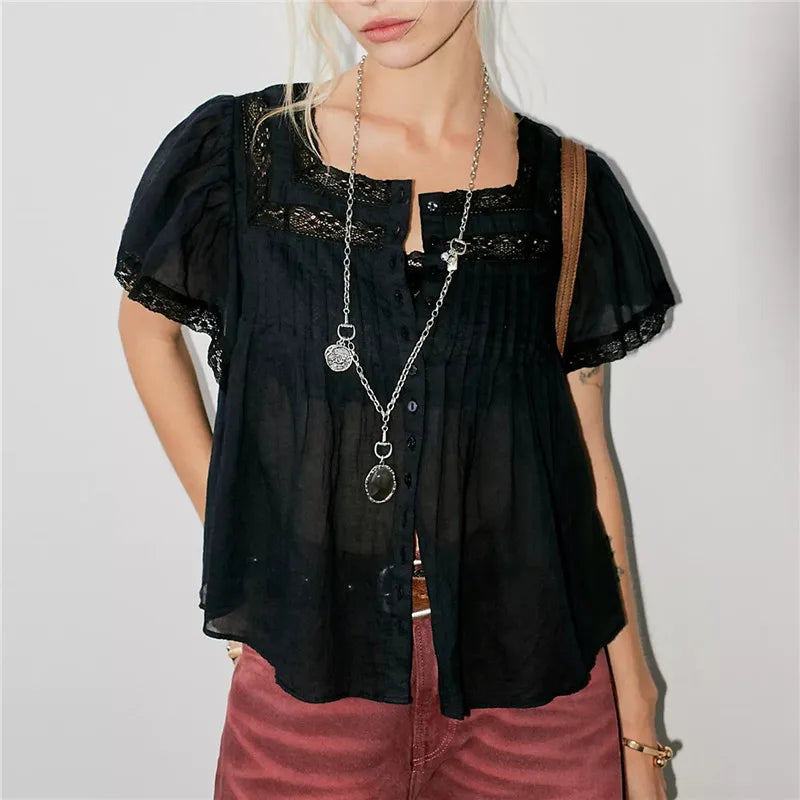 Women Boho Square Neck Lace Blouse Puff Short Sleeve Button Front Pleated Loose Cropped Shirt Vintage Cottage Summer Top