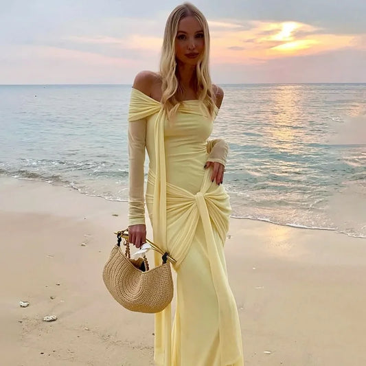 Off Shoulder Long Sleeve Maxi Dress Yellow Mesh Elegant Dresses for Woman for Party Outfits Autumn 2025