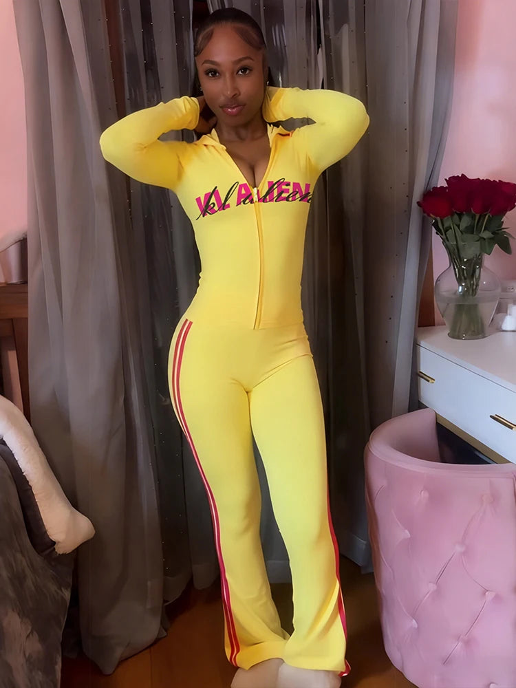 Sporty Stripes 2-Piece Set Women Zipper Letter Print Hooded Crop Tops+Pants Elasticity Fashion Autumn Casual Streetwear