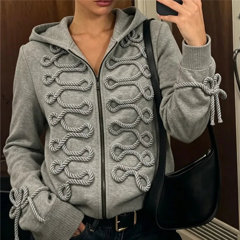 Y2K Women Structured Shoulder Zip Hoodie 3D Rope Embroidery Braid Trim Jacket Street Fashion Casual Winter Hooded Coat