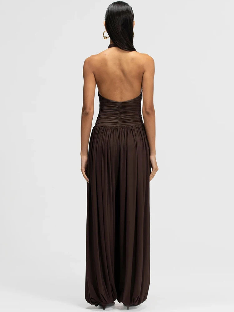 Halter Jumpsuits Women Ruched Sleeveless Backless Bodysuit Pleated Wide Leg Palazzo Pants Evening Party Flowy Overalls